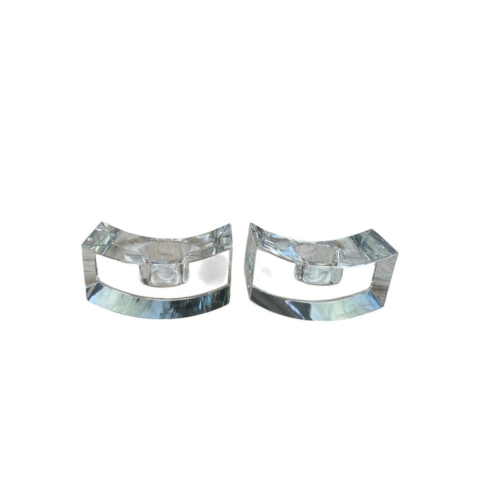 Oleg Cassini Crystal Candle Holders Pair Signed Clear Glass Bridge Crescent MCM
